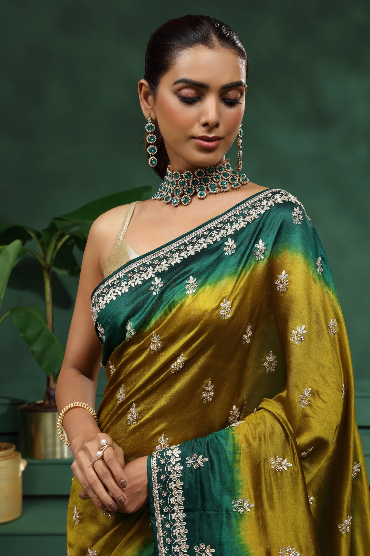 Green & Mustard Yellow Tasar Silk Saree with Unstitched Blouse