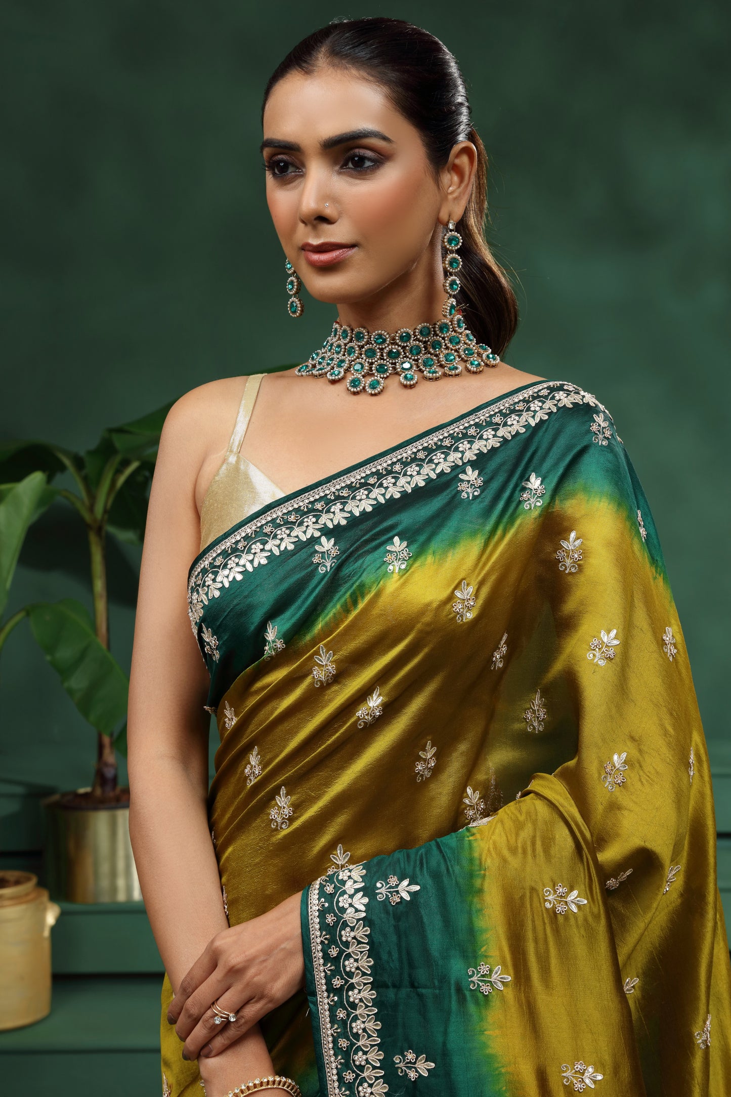 Green & Mustard Yellow Tasar Silk Saree with Unstitched Blouse