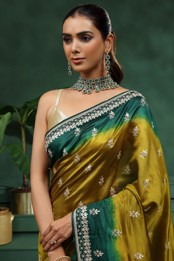 Green & Mustard Yellow Tasar Silk Saree with Unstitched Blouse