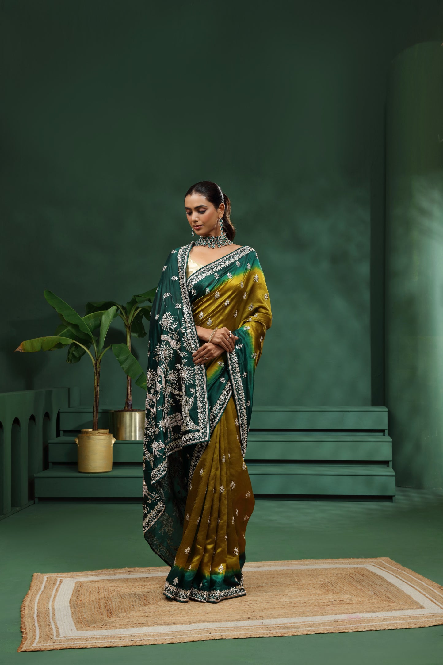 Green & Mustard Yellow Tasar Silk Saree with Unstitched Blouse