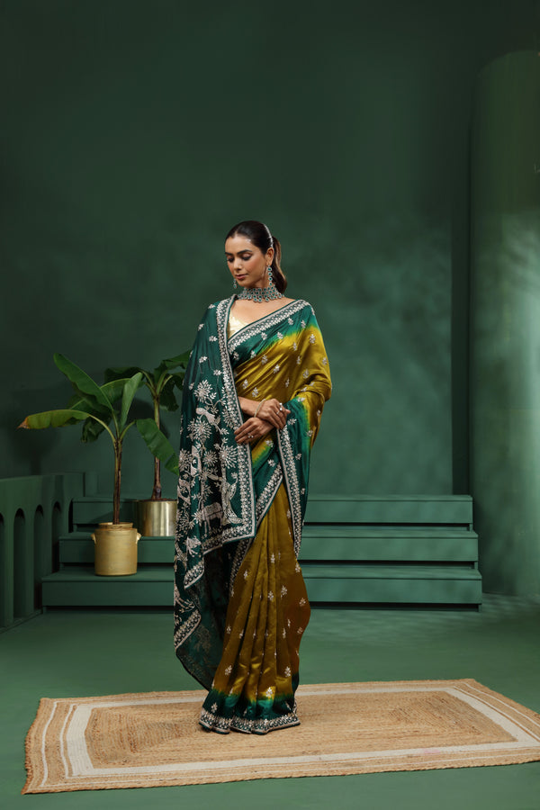 Green & Mustard Yellow Tasar Silk Saree with Unstitched Blouse