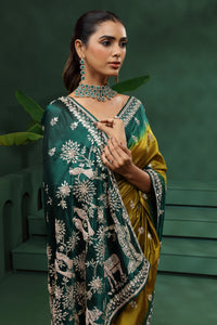 Green & Mustard Yellow Tasar Silk Saree with Unstitched Blouse