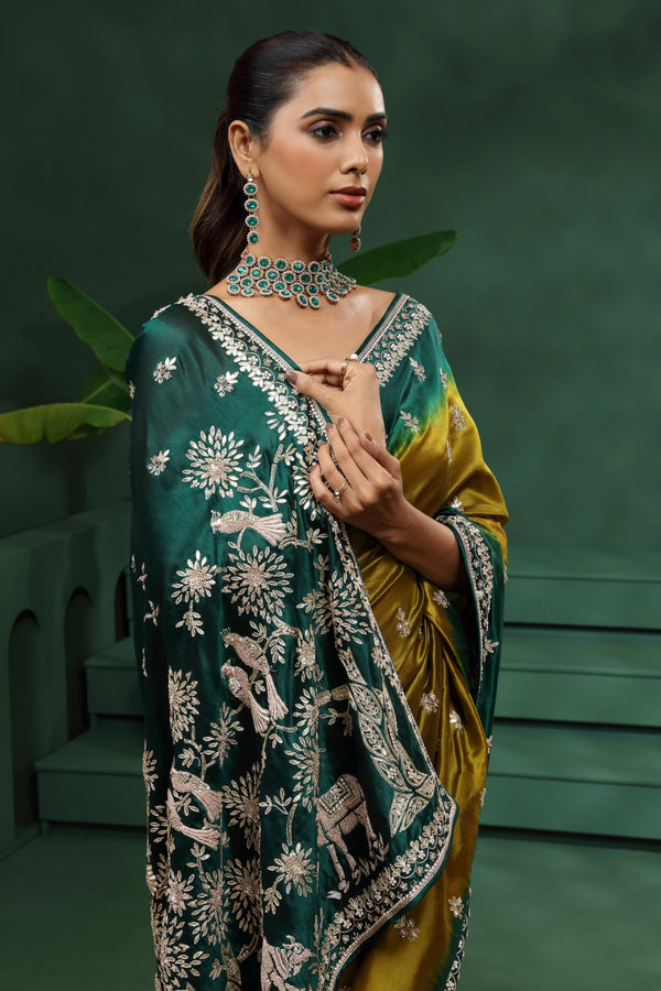 Green & Mustard Yellow Tasar Silk Saree with Unstitched Blouse
