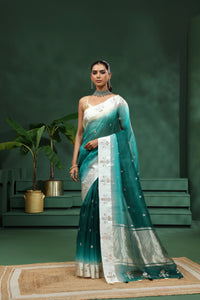 Rama Green Organza Saree with Unstitched Blouse