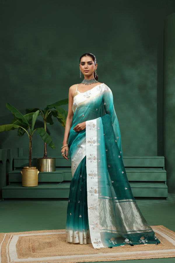 Rama Green Organza Saree with Unstitched Blouse