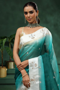 Rama Green Organza Saree with Unstitched Blouse
