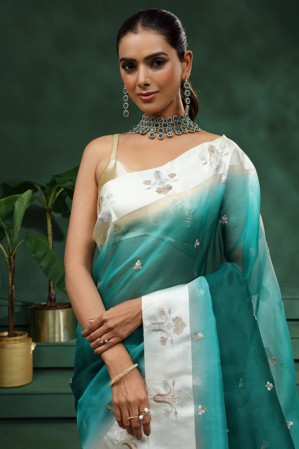 Rama Green Organza Saree with Unstitched Blouse