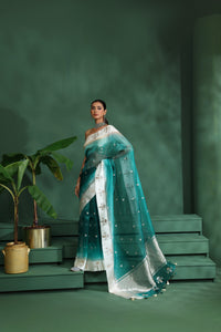 Rama Green Organza Saree with Unstitched Blouse
