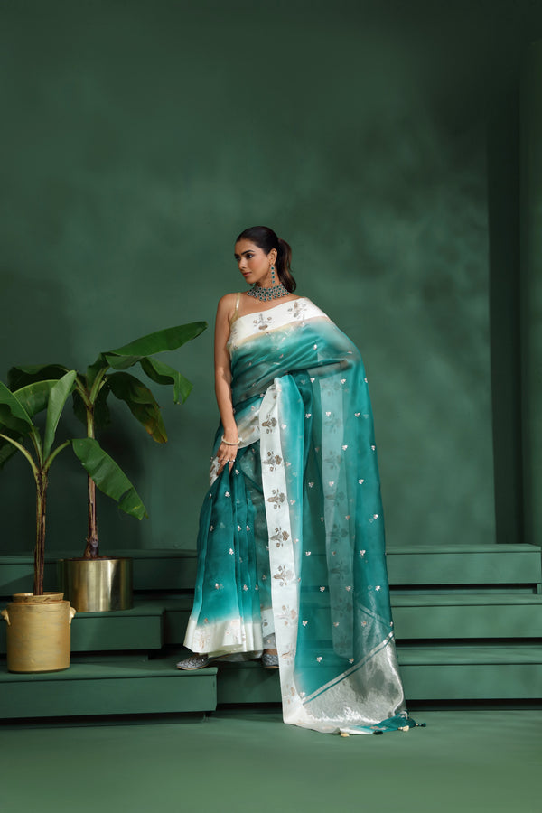 Rama Green Organza Saree with Unstitched Blouse