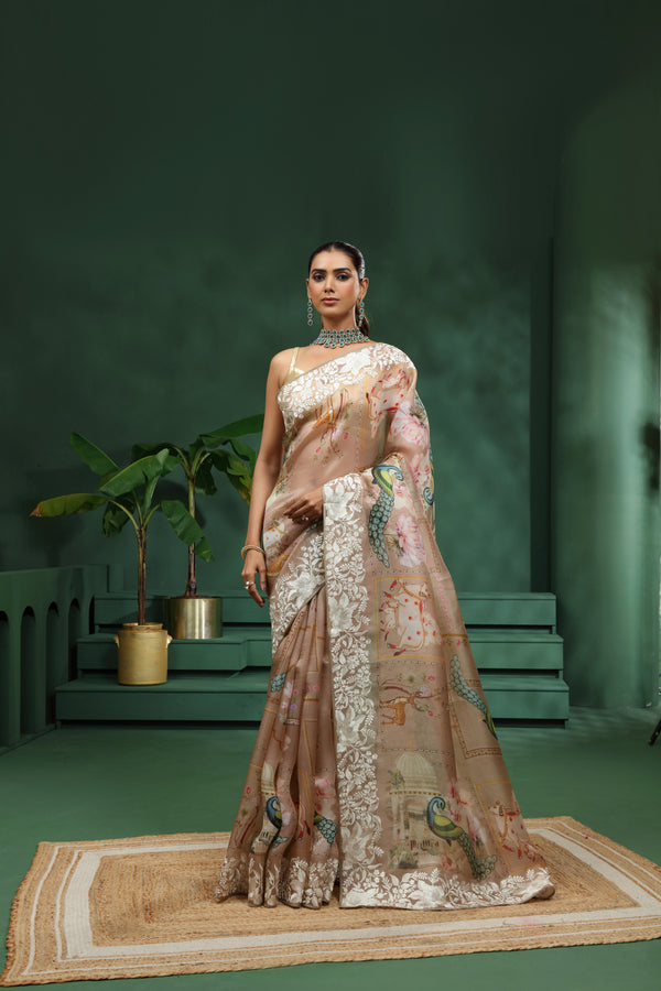 Light Brown Organza Saree with Unstitched Blouse