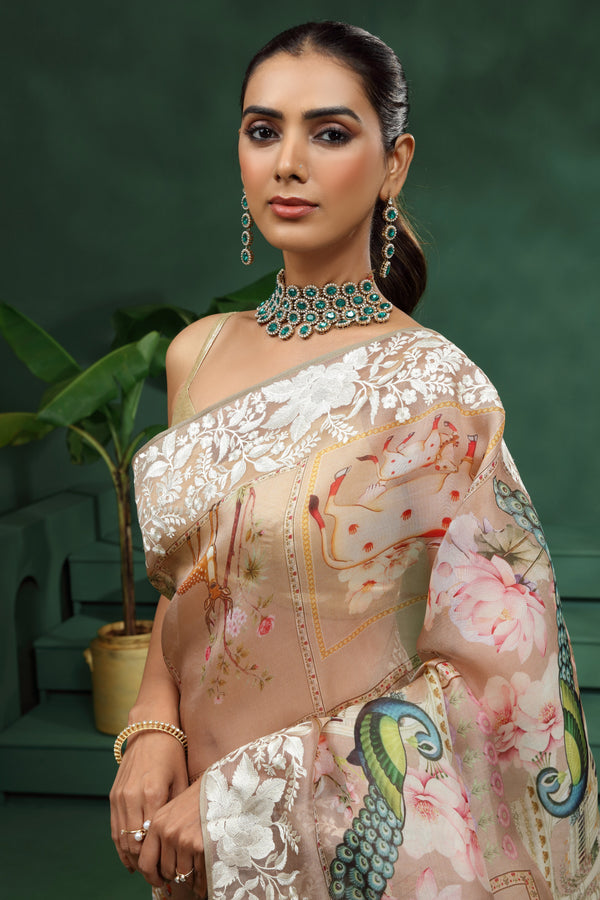 Light Brown Organza Saree with Unstitched Blouse