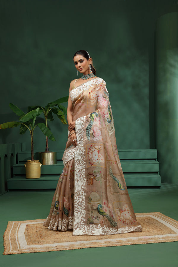 Light Brown Organza Saree with Unstitched Blouse