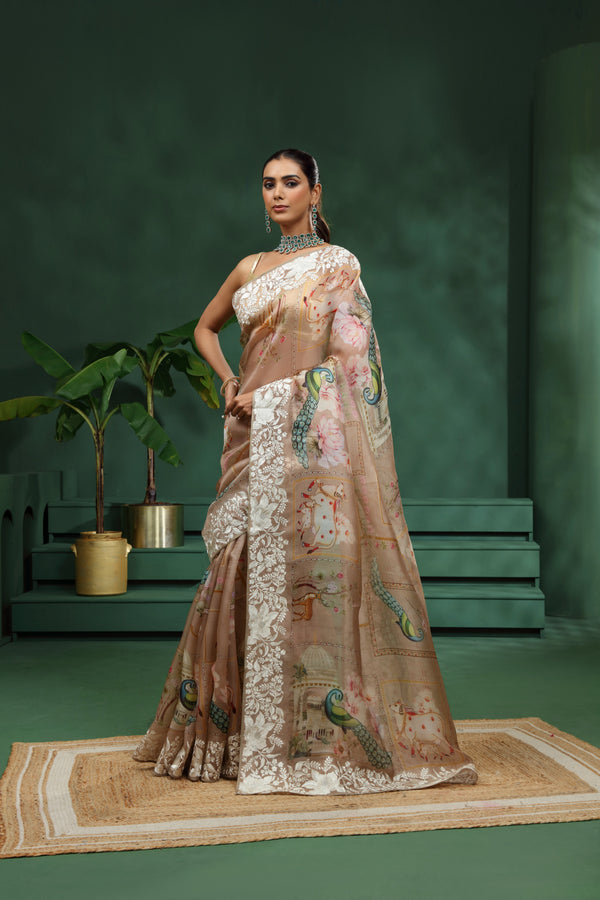 Light Brown Organza Saree with Unstitched Blouse