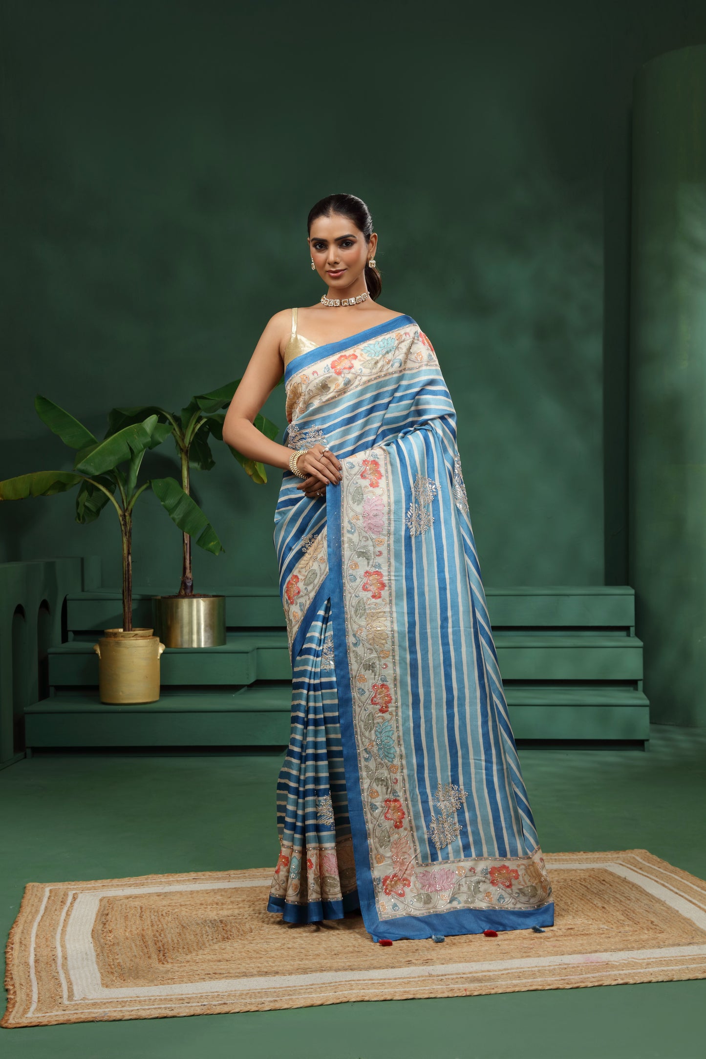 Blue Tussar Silk Saree with Unstitched Blouse