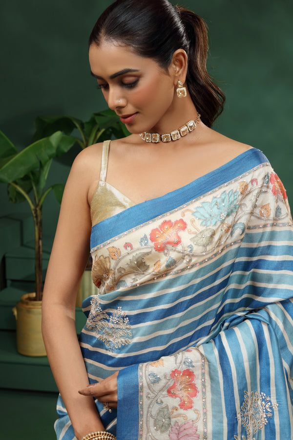Blue Tussar Silk Saree with Unstitched Blouse
