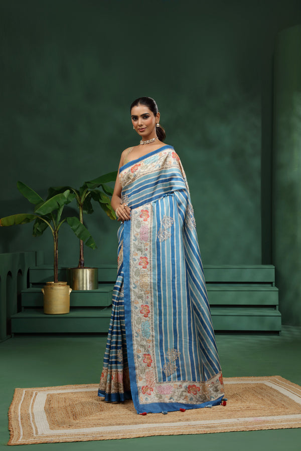 Blue Tussar Silk Saree with Unstitched Blouse