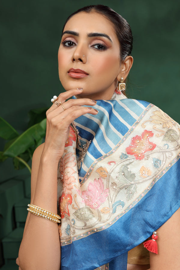 Blue Tussar Silk Saree with Unstitched Blouse