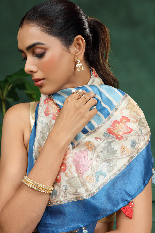 Blue Tussar Silk Saree with Unstitched Blouse