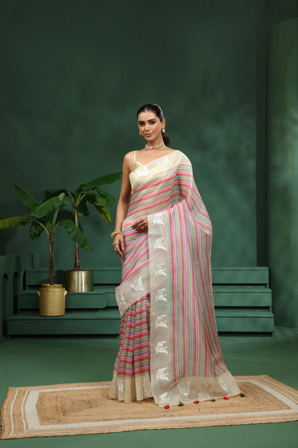 Multicoloured Organza Saree with Unstitched Blouse