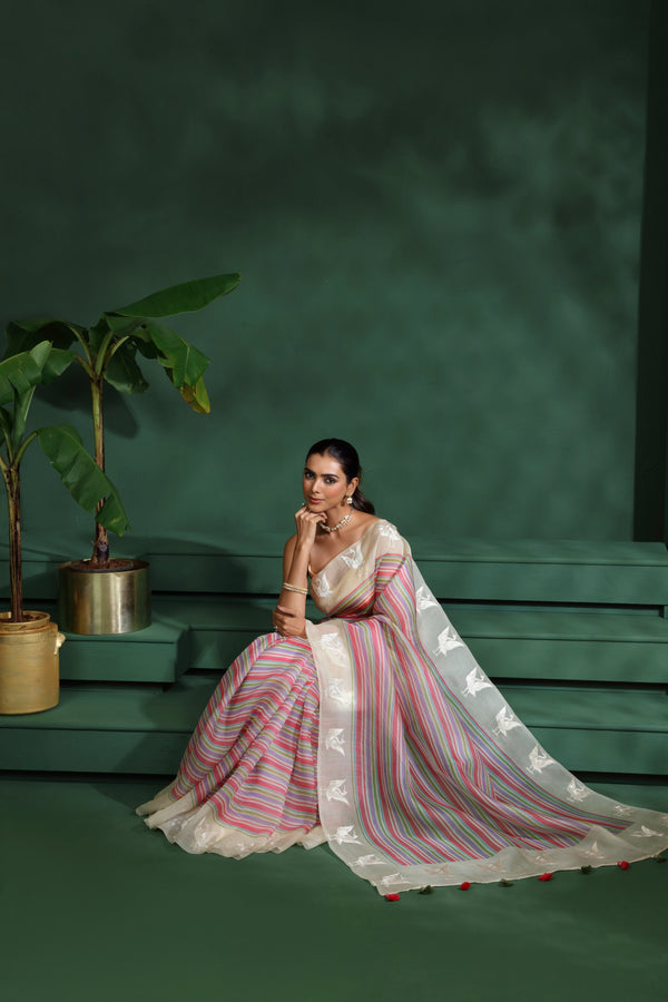 Multicoloured Organza Saree with Unstitched Blouse
