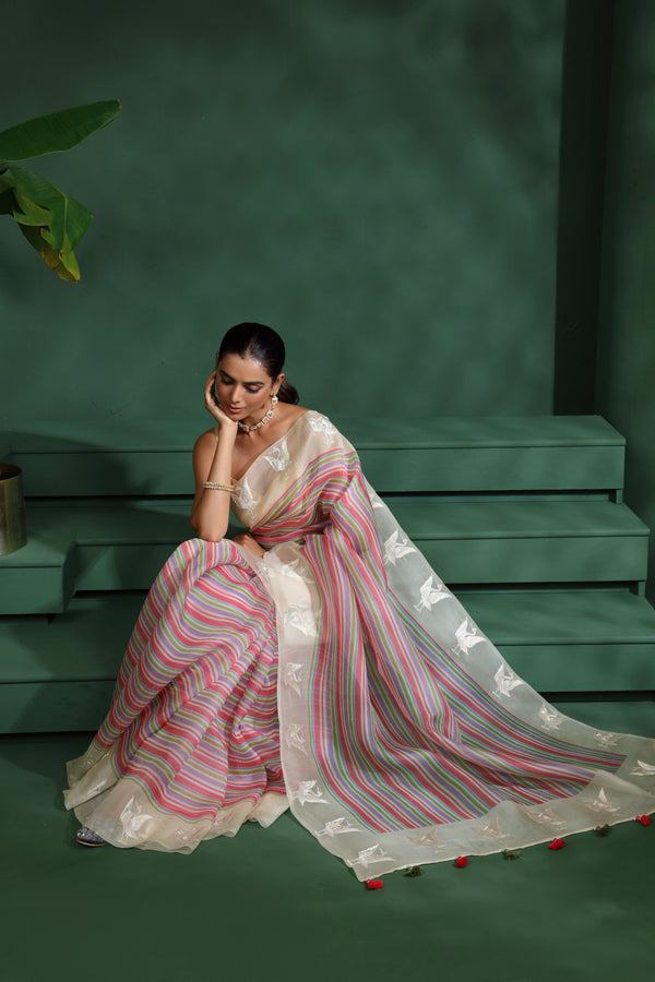 Multicoloured Organza Saree with Unstitched Blouse