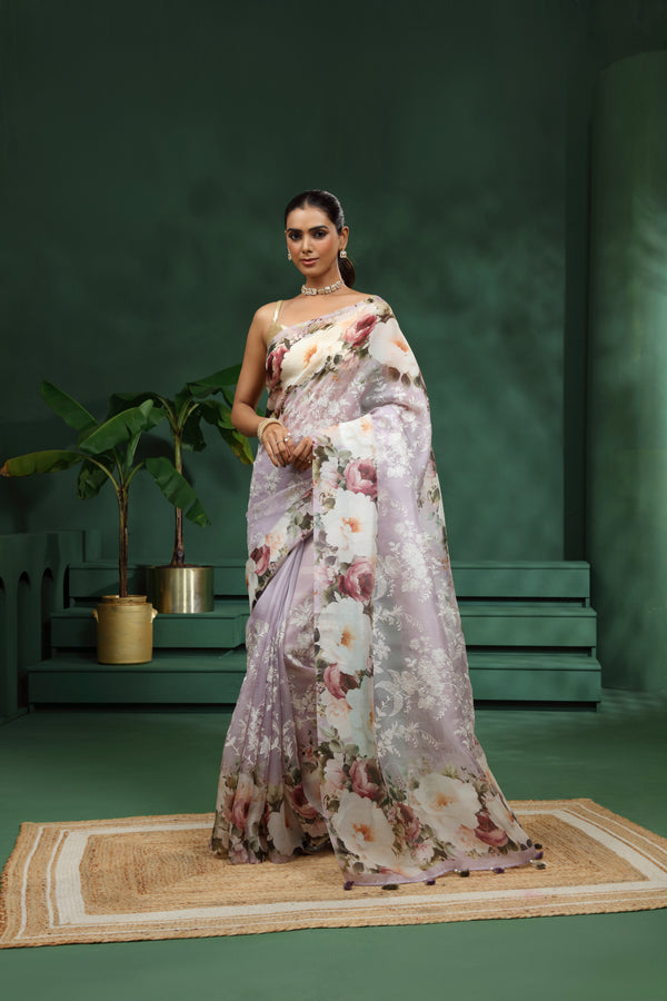 Purple Organza Saree with Unstitched Blouse