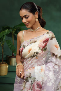 Purple Organza Saree with Unstitched Blouse