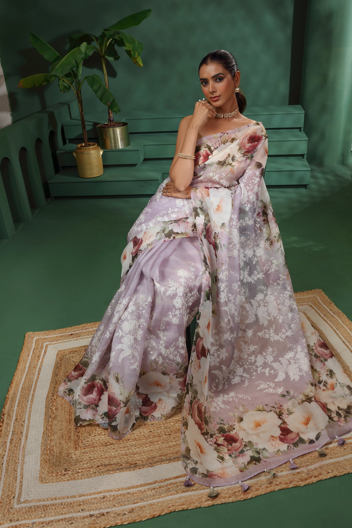 Purple Organza Saree with Unstitched Blouse
