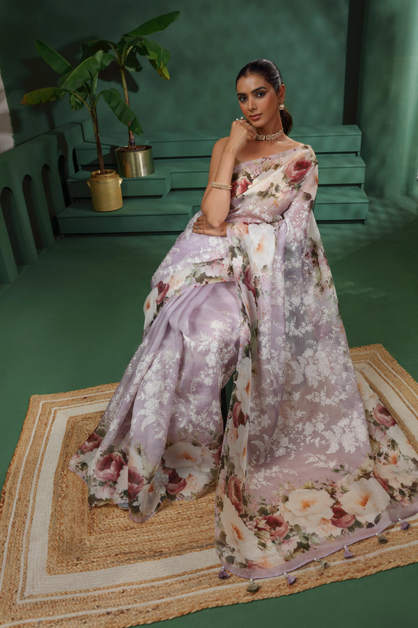 Purple Organza Saree with Unstitched Blouse