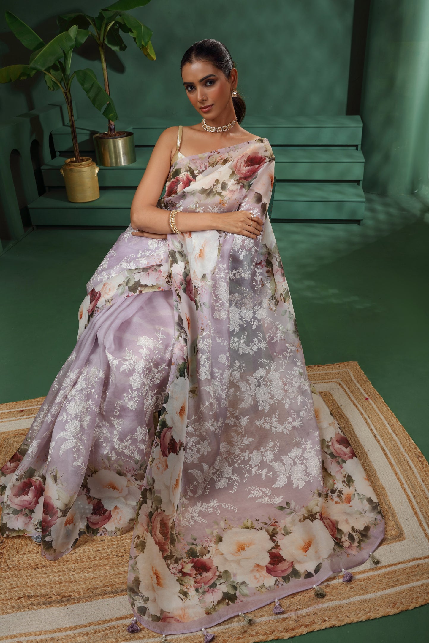 Purple Organza Saree with Unstitched Blouse