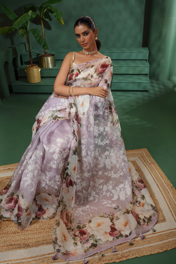 Purple Organza Saree with Unstitched Blouse