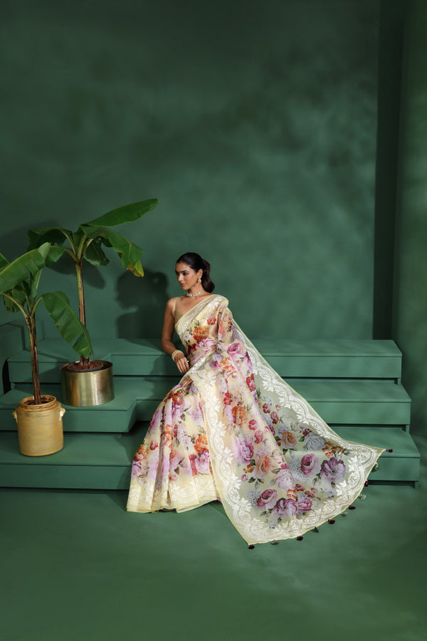 Purple Organza Saree with Unstitched Blouse