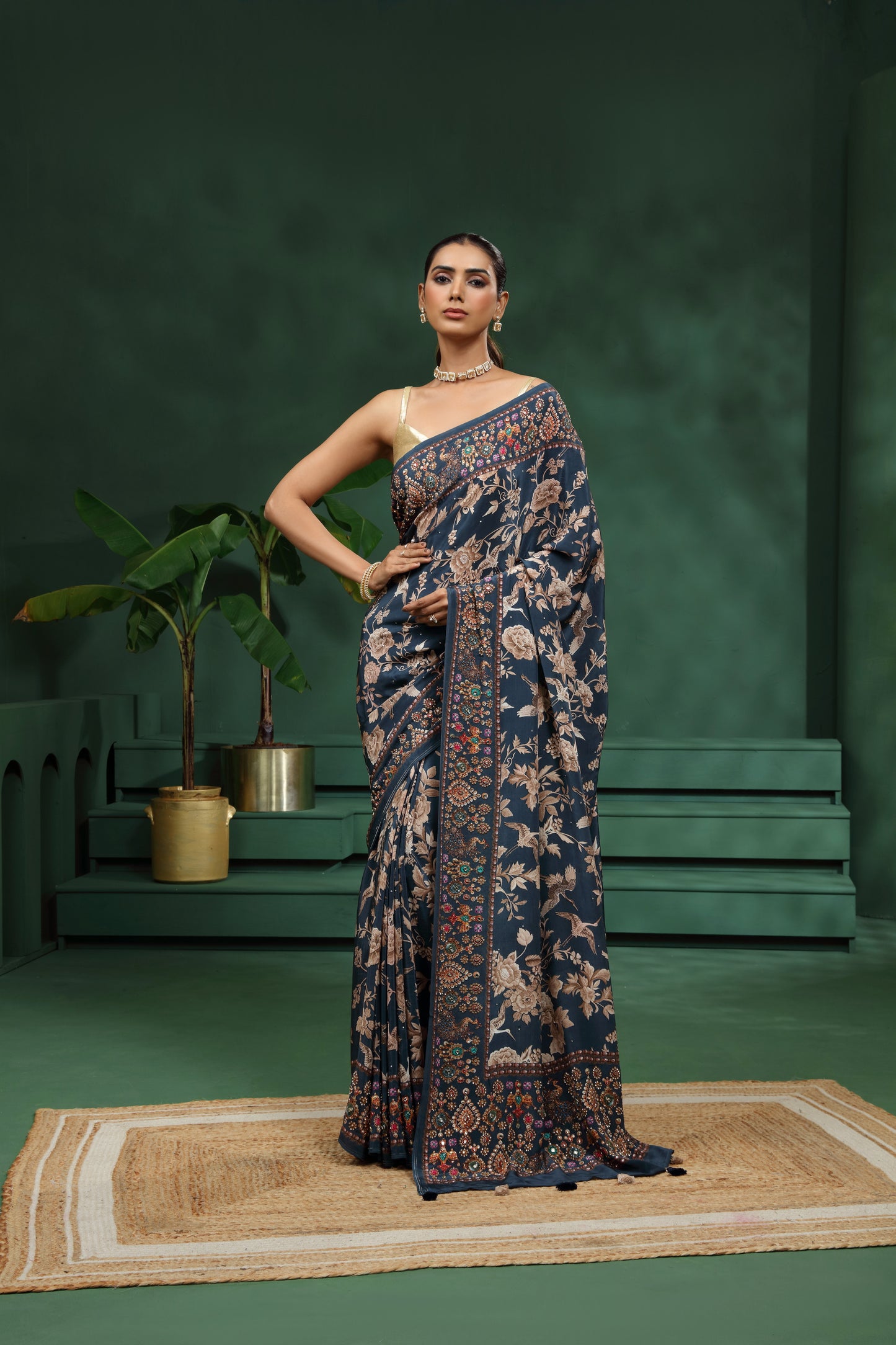 Blue Crepe Saree with Unstitched Blouse