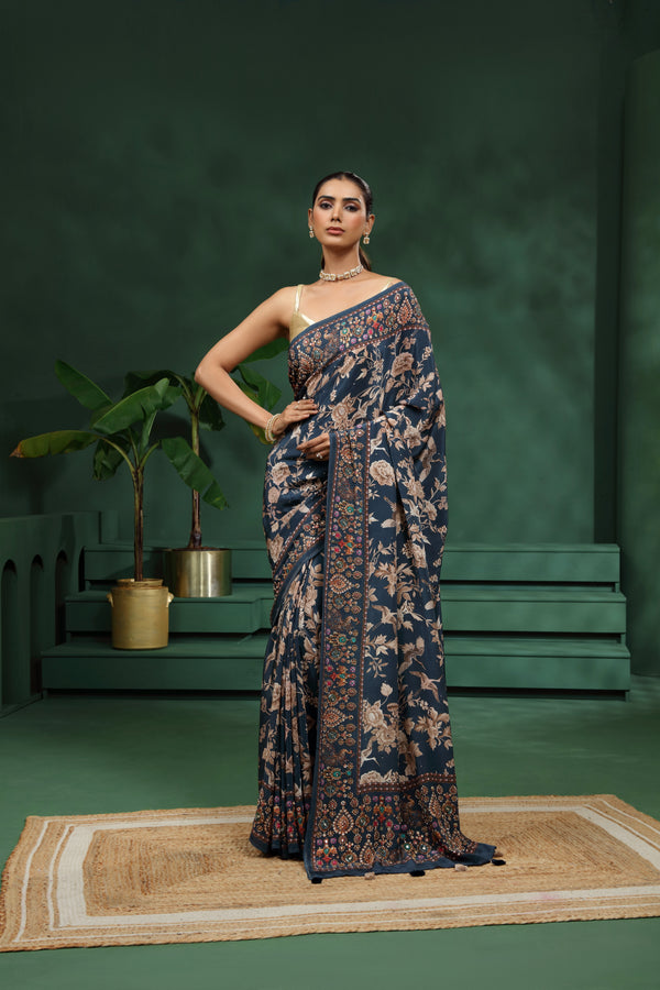 Blue Crepe Saree with Unstitched Blouse