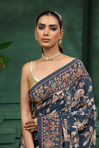 Blue Crepe Saree with Unstitched Blouse