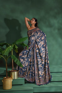 Blue Crepe Saree with Unstitched Blouse