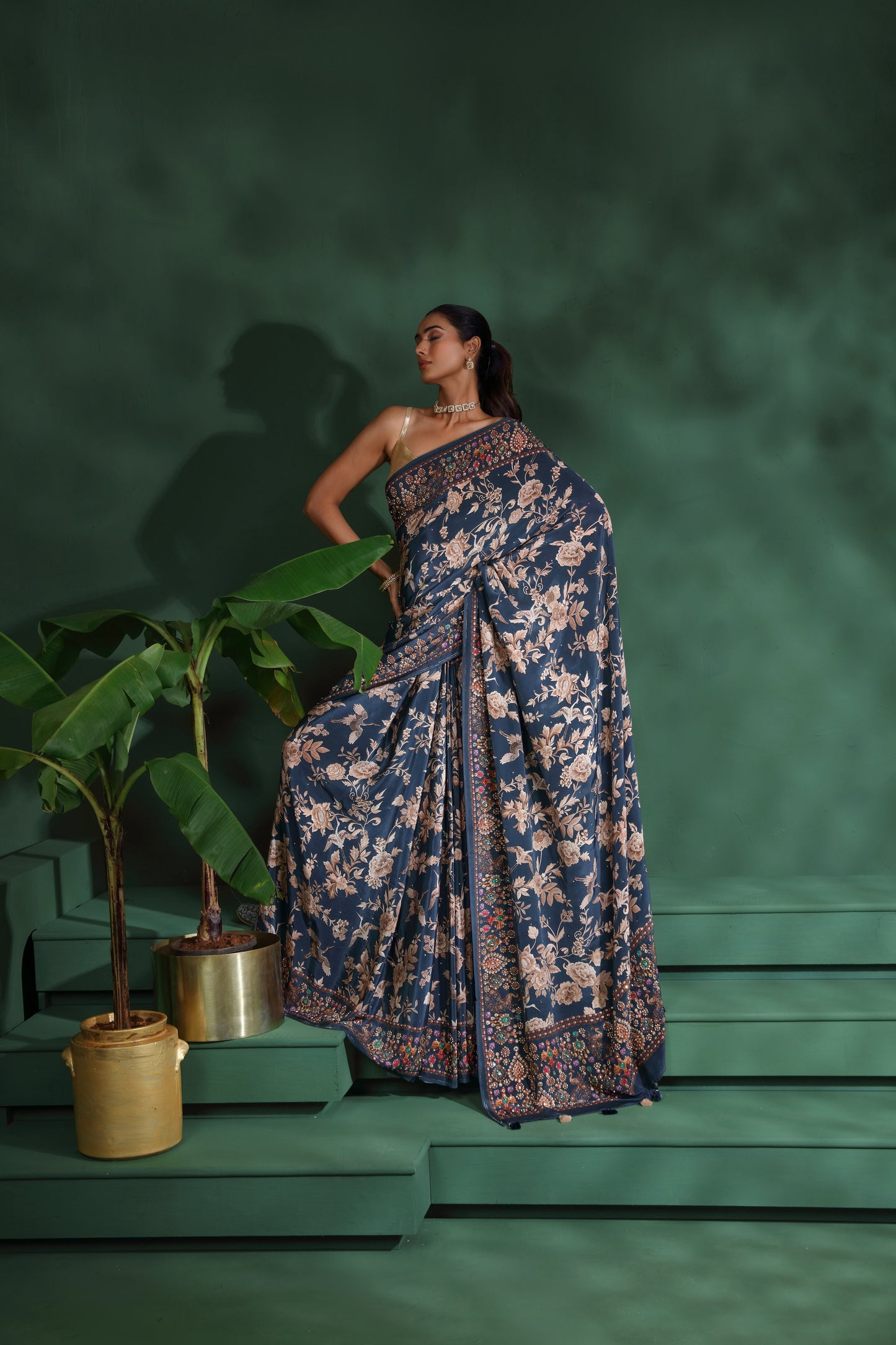 Blue Crepe Saree with Unstitched Blouse