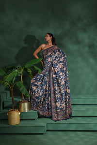 Blue Crepe Saree with Unstitched Blouse