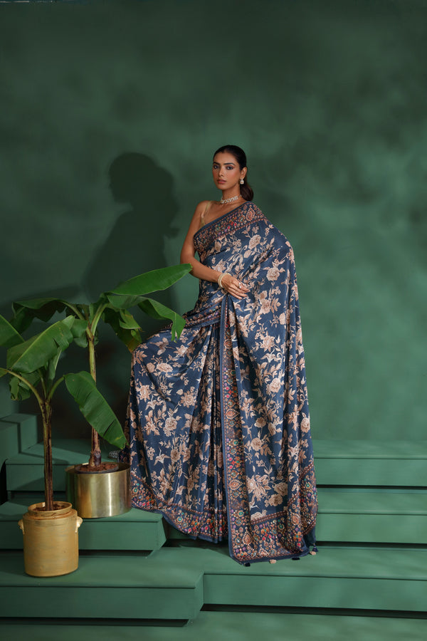 Blue Crepe Saree with Unstitched Blouse