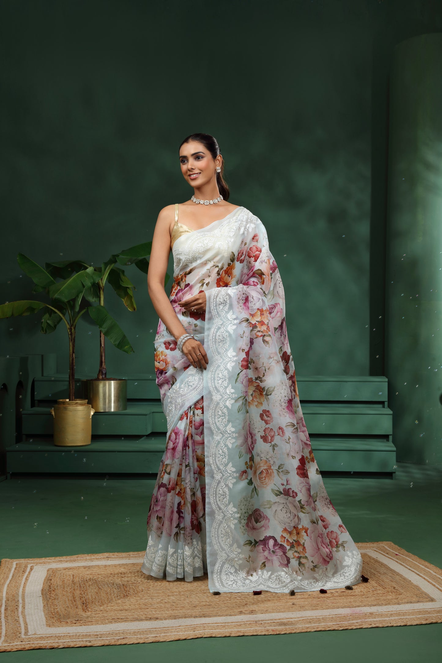 Light Blue Organza Saree with Unstitched Blouse