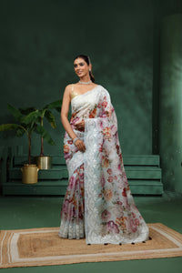 Light Blue Organza Saree with Unstitched Blouse
