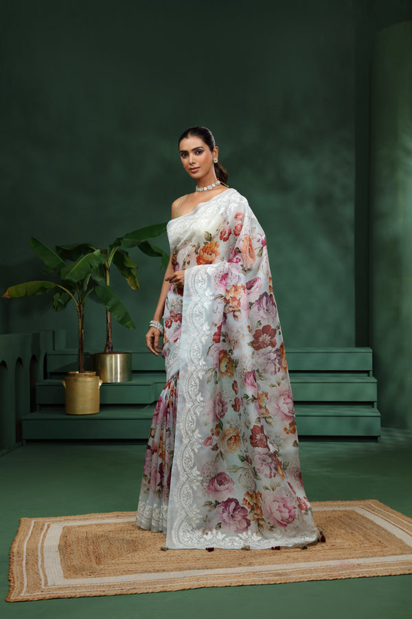 Light Blue Organza Saree with Unstitched Blouse