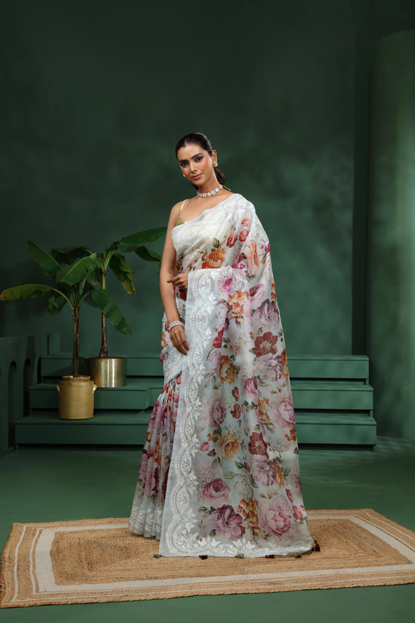Light Blue Organza Saree with Unstitched Blouse