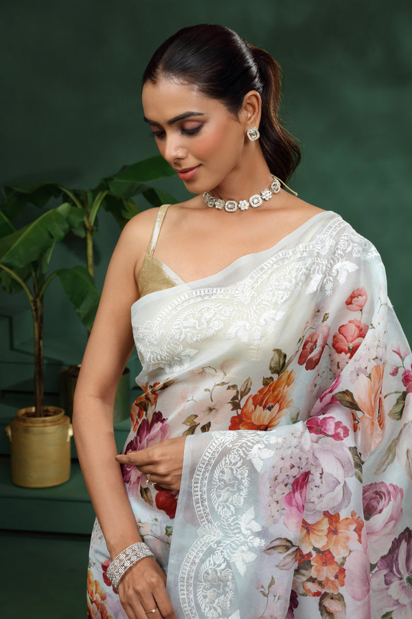 Light Blue Organza Saree with Unstitched Blouse