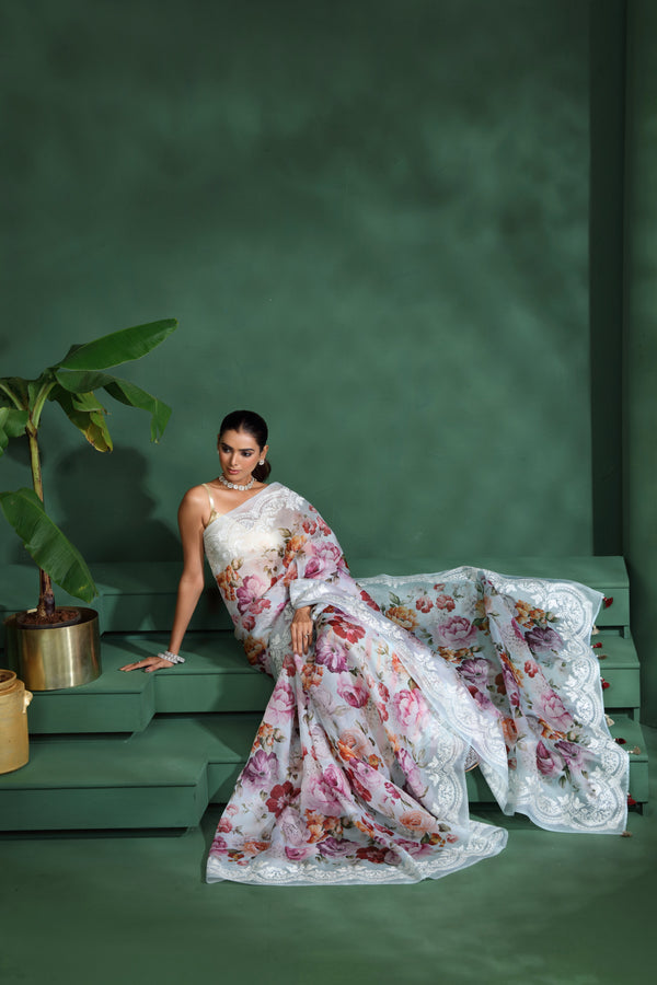 Light Blue Organza Saree with Unstitched Blouse