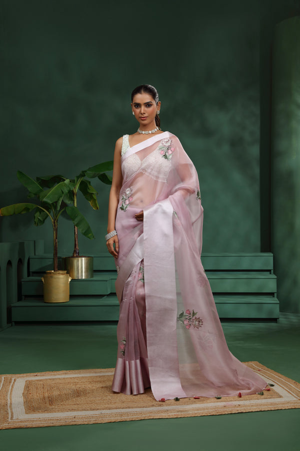 Purple Organza Saree with Unstitched Blouse