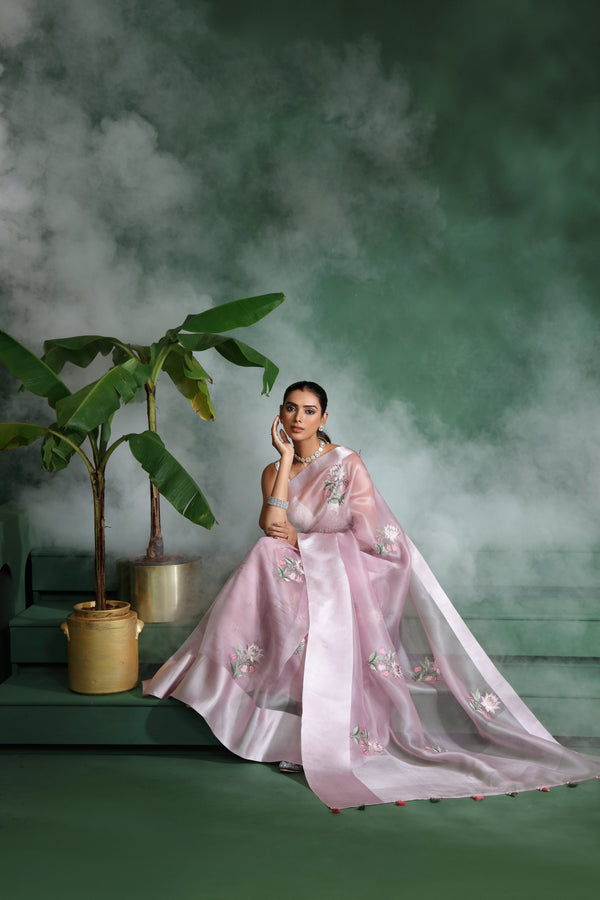Purple Organza Saree with Unstitched Blouse