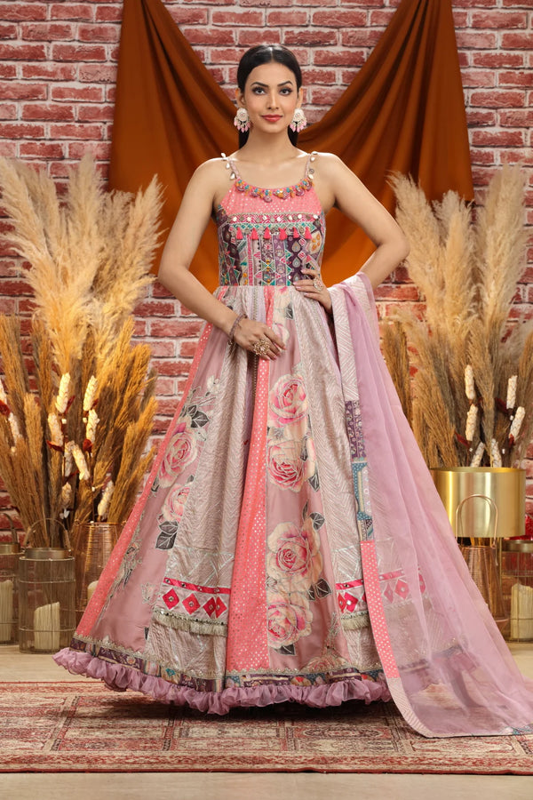 Soft Pink Festive Printed Indo Western Anarkali