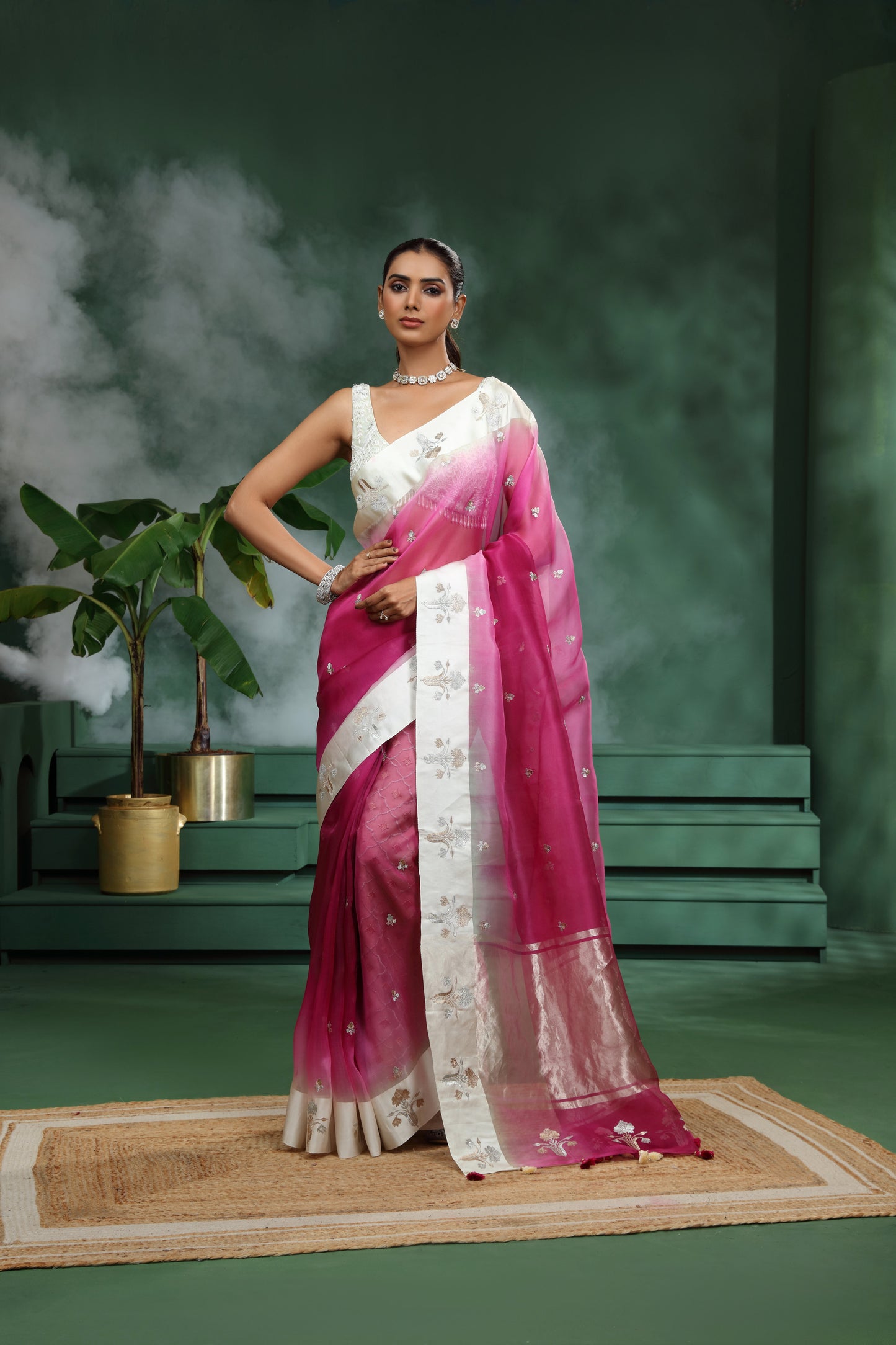 Light & Dark Pink Ombre Organza Saree with Unstitched Blouse