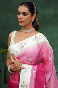 Light & Dark Pink Ombre Organza Saree with Unstitched Blouse